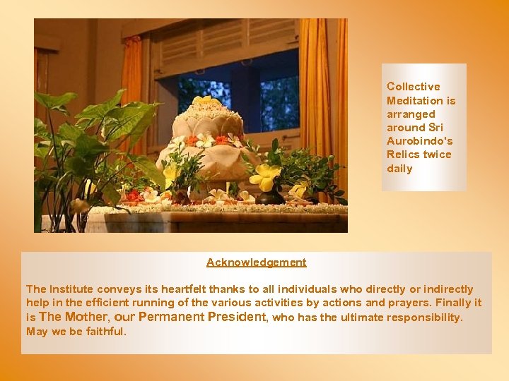 Collective Meditation is arranged around Sri Aurobindo's Relics twice daily Acknowledgement The Institute conveys