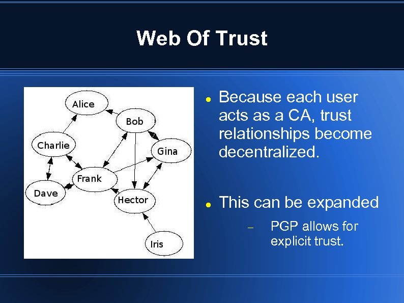 Web Of Trust Because each user acts as a CA, trust relationships become decentralized.
