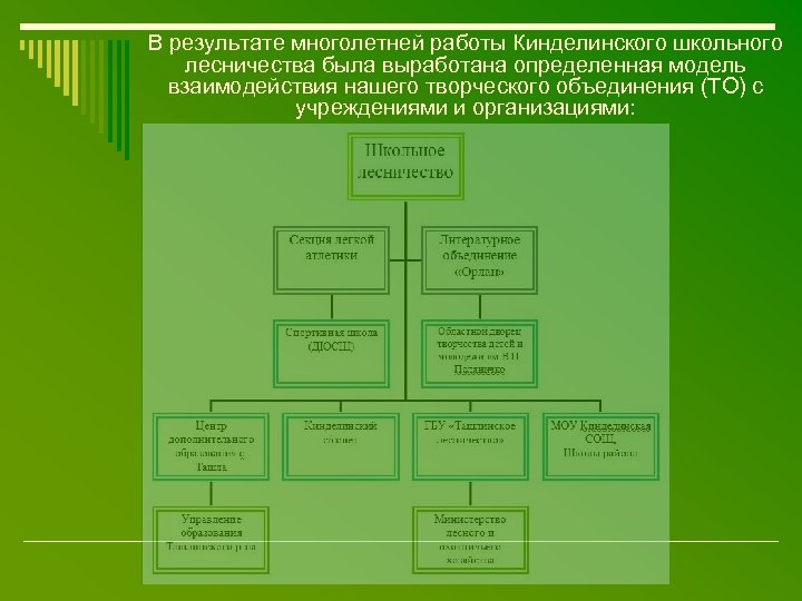 В результате многолетней работы Кинделинского школьного лесничества была выработана определенная модель взаимодействия нашего творческого