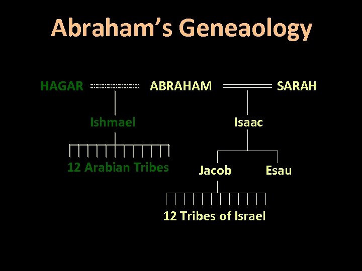 Abraham’s Geneaology HAGAR ABRAHAM Ishmael SARAH Isaac 12 Arabian Tribes Jacob Esau 12 Tribes