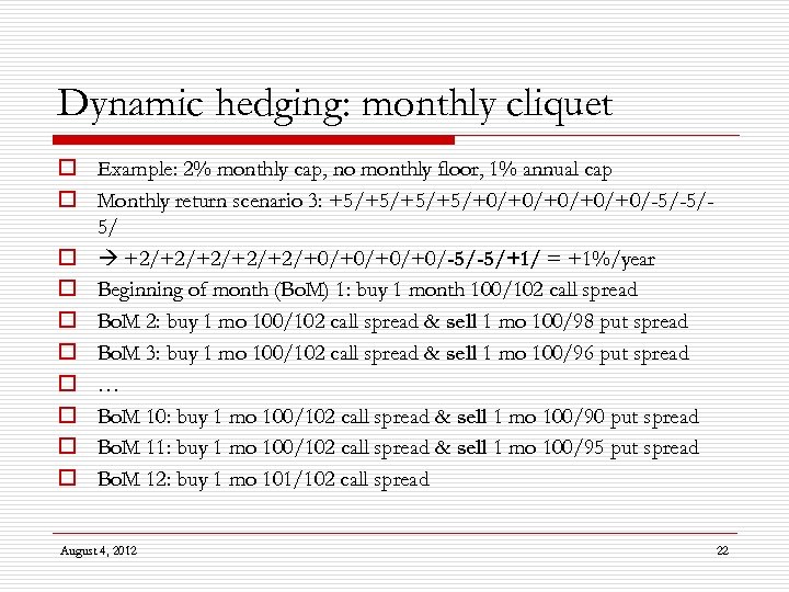 Dynamic hedging: monthly cliquet o Example: 2% monthly cap, no monthly floor, 1% annual