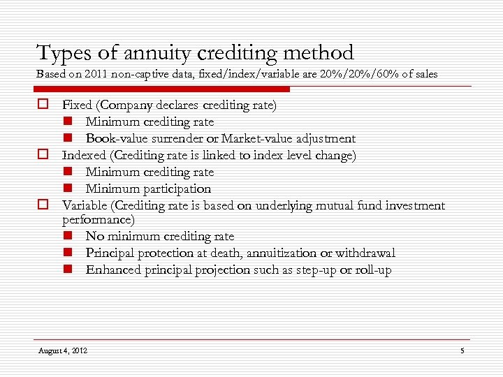 Types of annuity crediting method Based on 2011 non-captive data, fixed/index/variable are 20%/60% of