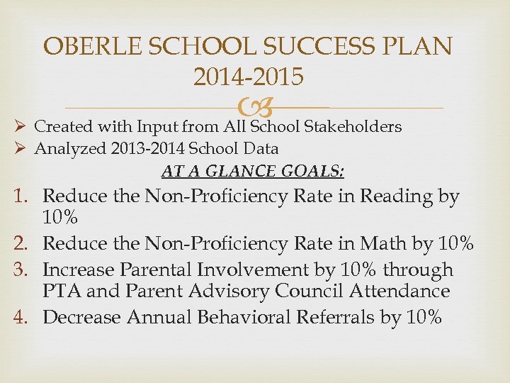 OBERLE SCHOOL SUCCESS PLAN 2014 -2015 Stakeholders Ø Created with Input from All School