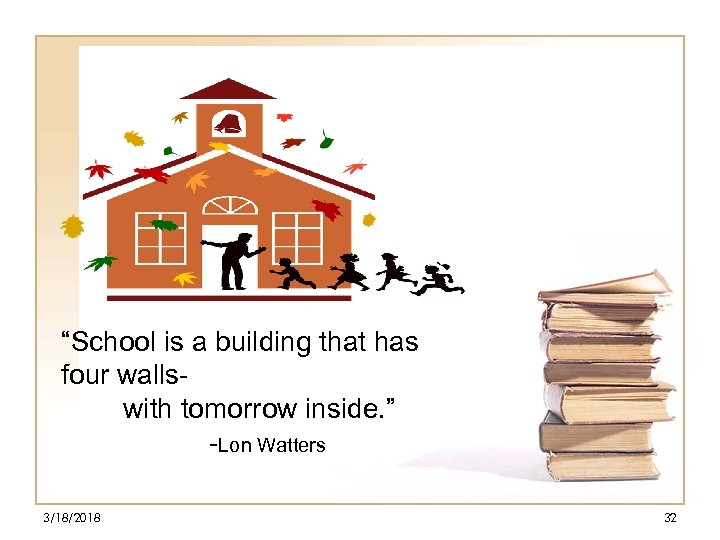  “School is a building that has four walls with tomorrow inside. ” -Lon