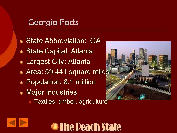 Georgia Facts State Abbreviation: GA State Capital: Atlanta Largest City: Atlanta Area: 59, 441
