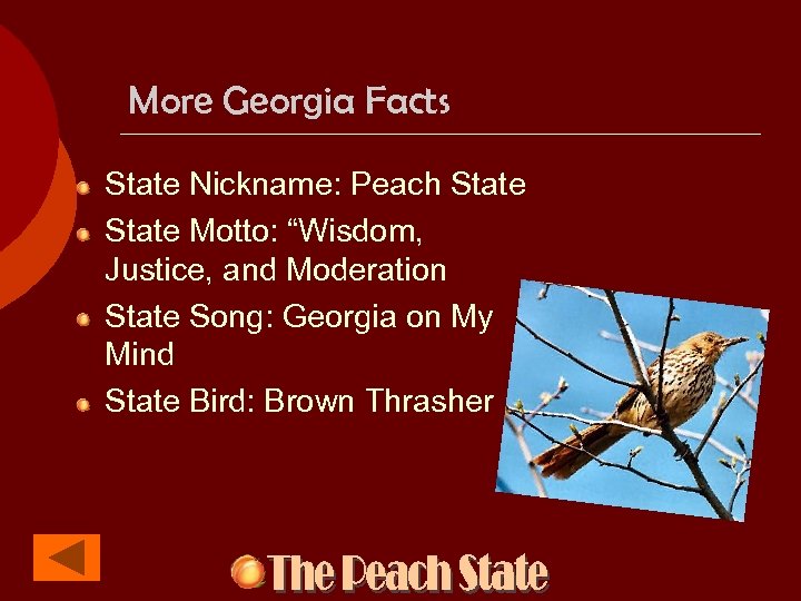 More Georgia Facts State Nickname: Peach State Motto: “Wisdom, Justice, and Moderation State Song: