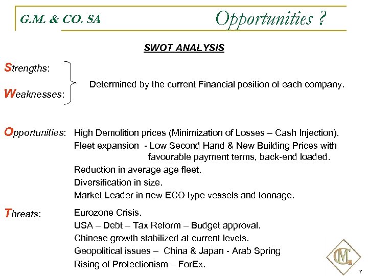 G. M. & CO. SA Opportunities ? SWOT ANALYSIS Strengths: Weaknesses: Determined by the