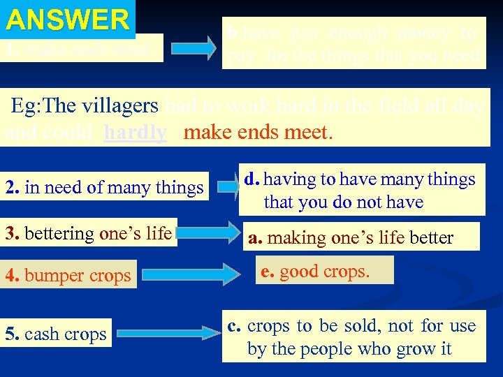 ANSWER 1. make ends meet b. have just enough money to pay for the