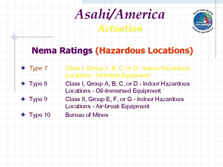 Asahi/America Actuation Nema Ratings (Hazardous Locations) Type 7 Type 8 Type 9 Type 10