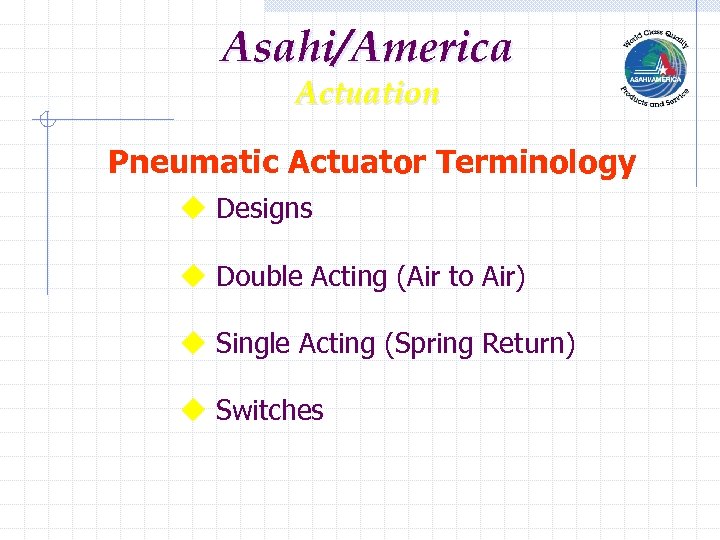 Asahi/America Actuation Pneumatic Actuator Terminology u Designs u Double Acting (Air to Air) u