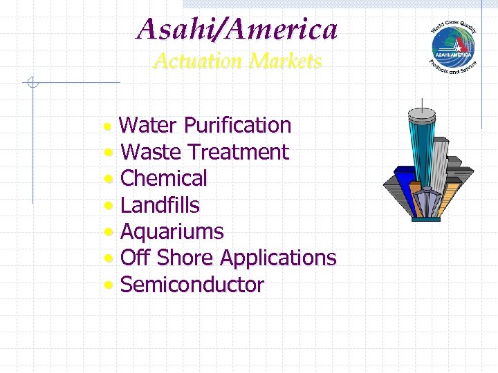 Asahi/America Actuation Markets • Water Purification • Waste Treatment • Chemical • Landfills •