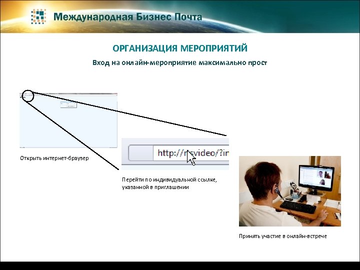 ОРГАНИЗАЦИЯ МЕРОПРИЯТИЙ Вход на онлайн-мероприятие максимально прост Открыть интернет-браузер Перейти по индивидуальной ссылке, указанной