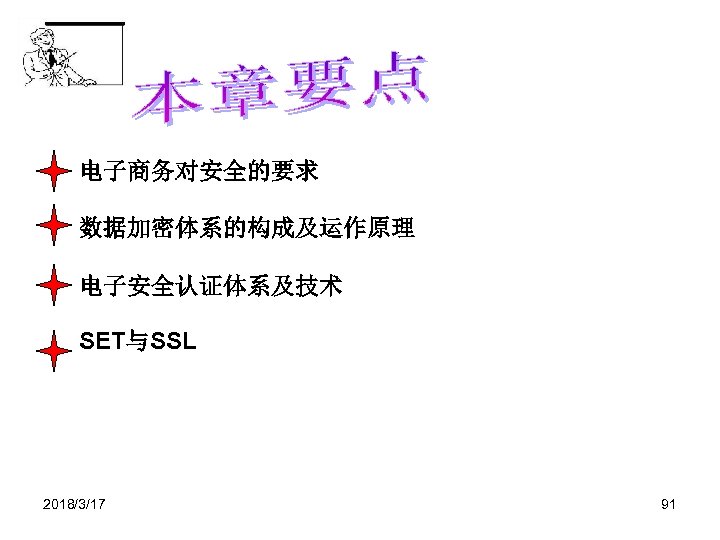 电子商务对安全的要求 数据加密体系的构成及运作原理 电子安全认证体系及技术 SET与SSL 2018/3/17 91 