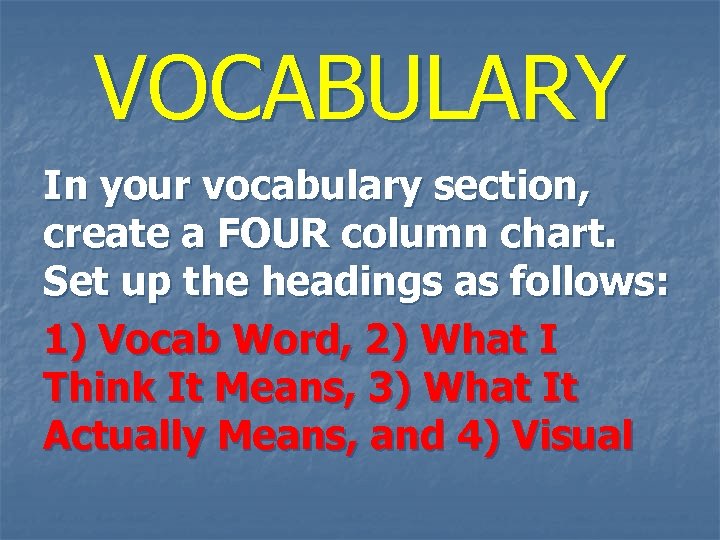 VOCABULARY In your vocabulary section, create a FOUR column chart. Set up the headings