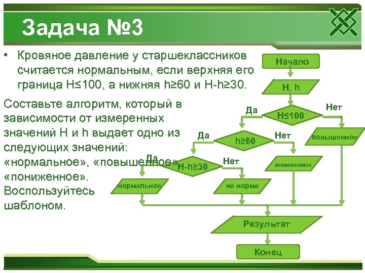 Задача № 3 • Кровяное давление у старшеклассников считается нормальным, если верхняя его граница