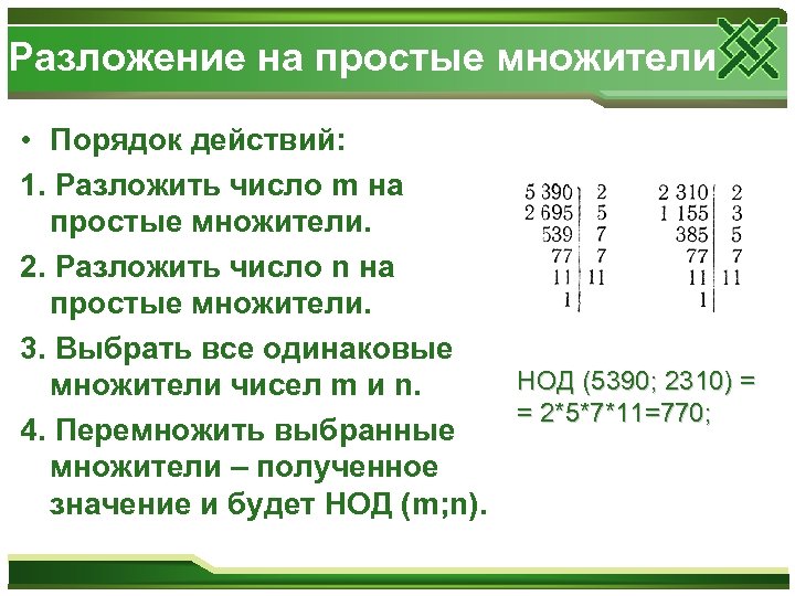 Разложение на простые множители • Порядок действий: 1. Разложить число m на простые множители.