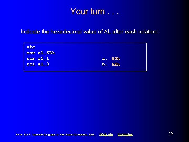 Your turn. . . Indicate the hexadecimal value of AL after each rotation: stc