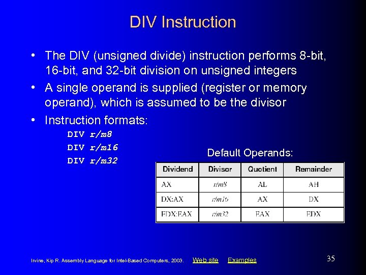 DIV Instruction • The DIV (unsigned divide) instruction performs 8 -bit, 16 -bit, and
