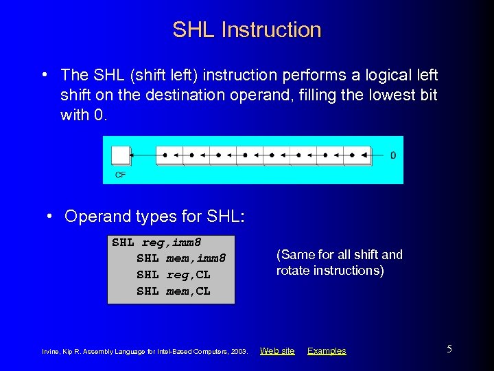 SHL Instruction • The SHL (shift left) instruction performs a logical left shift on