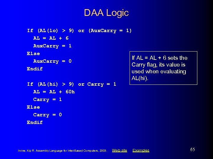 DAA Logic If (AL(lo) > 9) or (Aux. Carry = 1) AL = AL