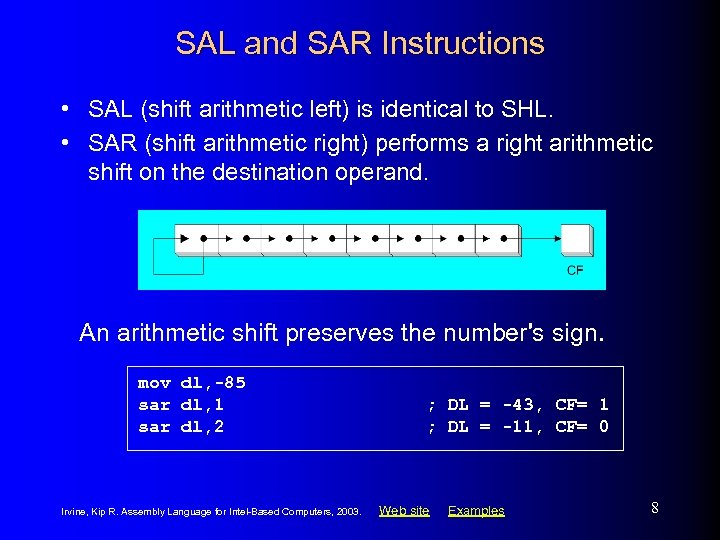 SAL and SAR Instructions • SAL (shift arithmetic left) is identical to SHL. •