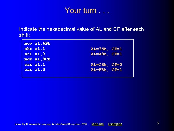 Your turn. . . Indicate the hexadecimal value of AL and CF after each
