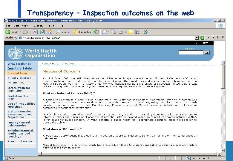 Transparency – Inspection outcomes on the web Department of Medicines Policy and Standards, Health