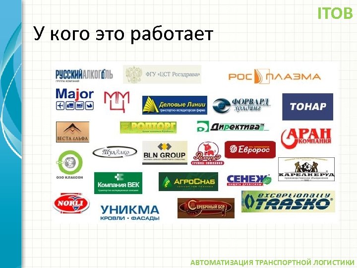 У кого это работает ITOB АВТОМАТИЗАЦИЯ ТРАНСПОРТНОЙ ЛОГИСТИКИ 