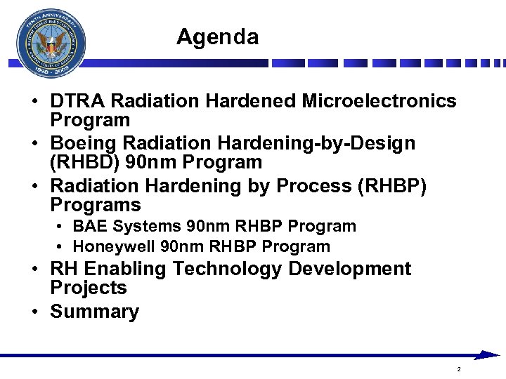 Agenda • DTRA Radiation Hardened Microelectronics Program • Boeing Radiation Hardening-by-Design (RHBD) 90 nm