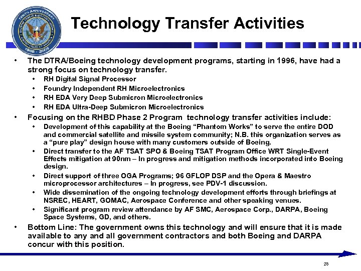 Technology Transfer Activities • The DTRA/Boeing technology development programs, starting in 1996, have had