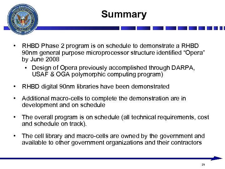 Summary • RHBD Phase 2 program is on schedule to demonstrate a RHBD 90
