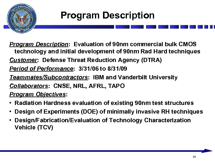 Program Description: Evaluation of 90 nm commercial bulk CMOS technology and initial development of