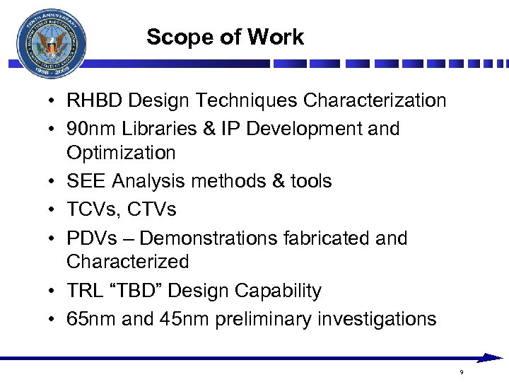 Scope of Work • RHBD Design Techniques Characterization • 90 nm Libraries & IP