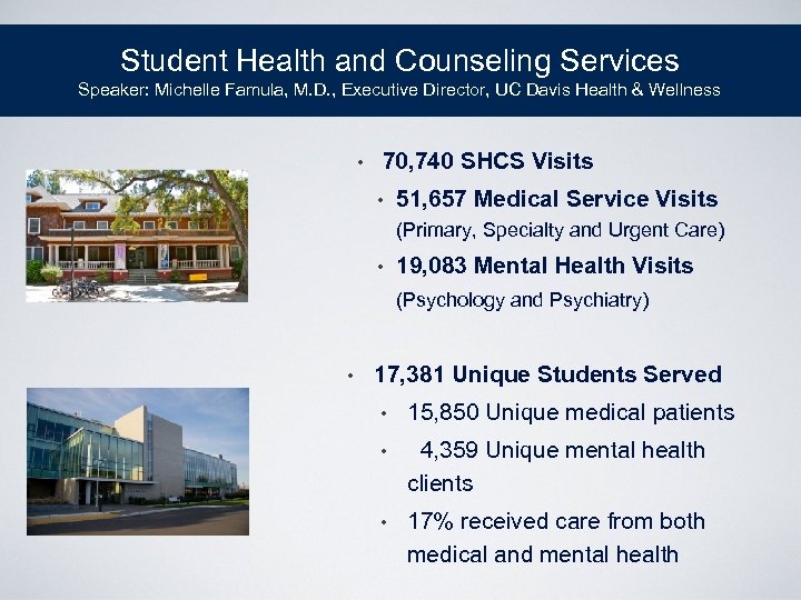 Student Health and Counseling Services Speaker: Michelle Famula, M. D. , Executive Director, UC