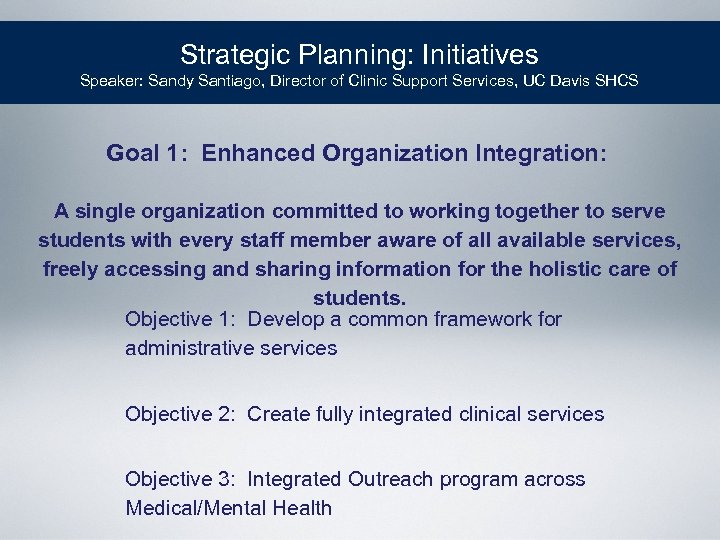 Strategic Planning: Initiatives Speaker: Sandy Santiago, Director of Clinic Support Services, UC Davis SHCS