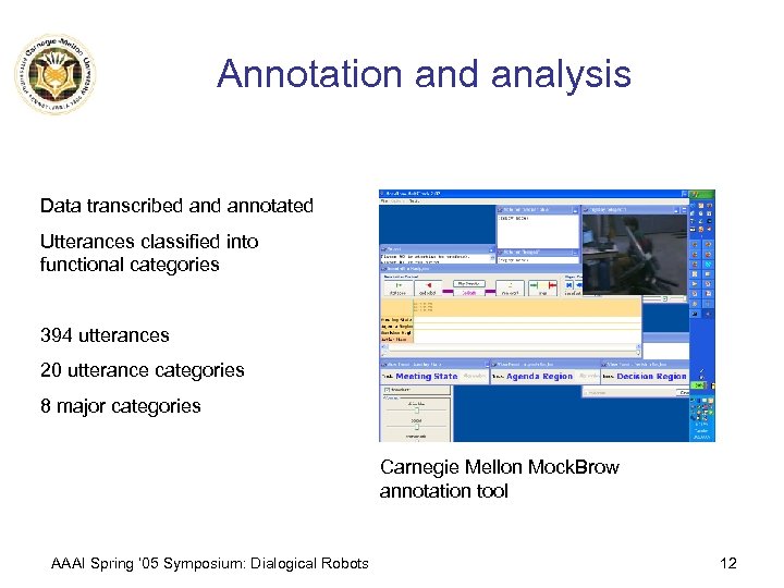 Annotation and analysis Data transcribed annotated Utterances classified into functional categories 394 utterances 20