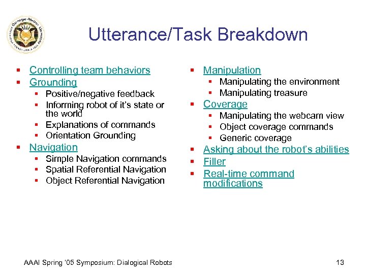 Utterance/Task Breakdown § Controlling team behaviors § Grounding § Positive/negative feedback § Informing robot