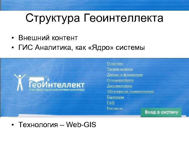 Структура Геоинтеллекта • Внешний контент • ГИС Аналитика, как «Ядро» системы • Технология –