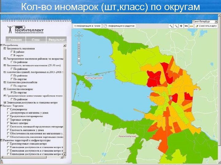 Кол-во иномарок (шт, класс) по округам 