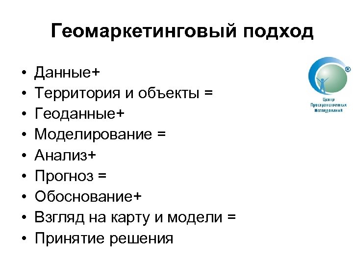 Геомаркетинговый подход • • • Данные+ Территория и объекты = Геоданные+ Моделирование = Анализ+