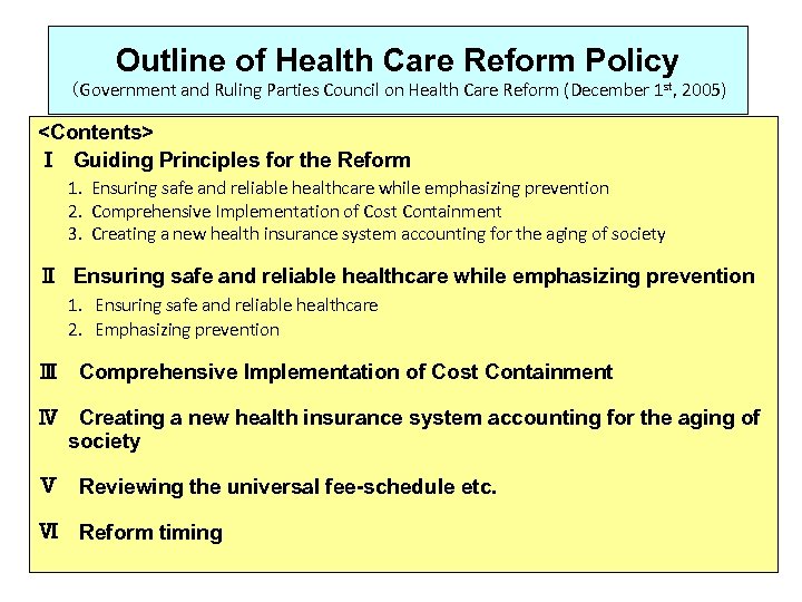 Outline of Health Care Reform Policy （Government and Ruling Parties Council on Health Care