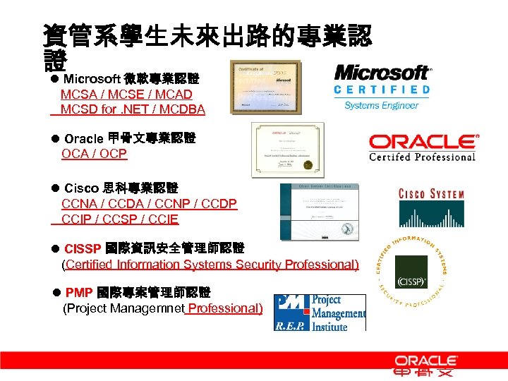 資管系學生未來出路的專業認 證Microsoft 微軟專業認證 l MCSA / MCSE / MCAD MCSD for. NET / MCDBA