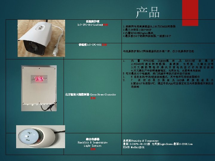 产品 参数 低温防护型 Io. T-IPC-001 -Low. Temp自制 1. 物联网专用高清摄像头, 130万CMOS传感器 2. 最大分辩率: 1280*960 P