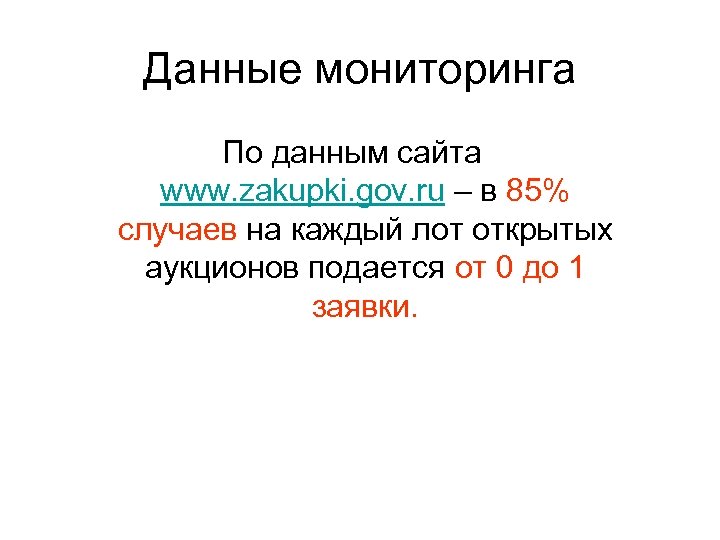 Данные мониторинга По данным сайта www. zakupki. gov. ru – в 85% случаев на
