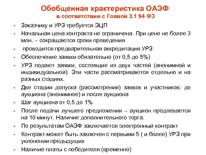 Обобщенная храктеристика ОАЭФ в соответствии с Главой 3. 1 94 ФЗ - Заказчику и