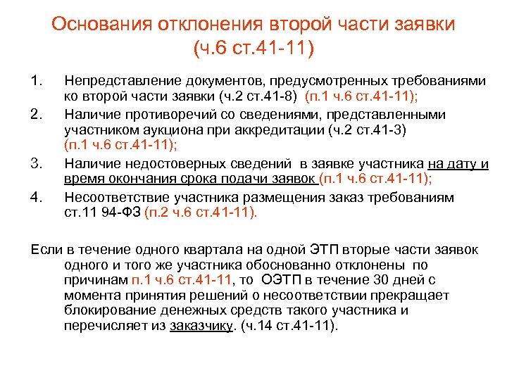 Основания отклонения второй части заявки (ч. 6 ст. 41 -11) 1. 2. 3. 4.
