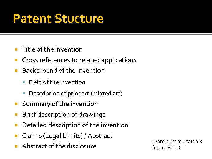 Patent Stucture Title of the invention Cross references to related applications Background of the