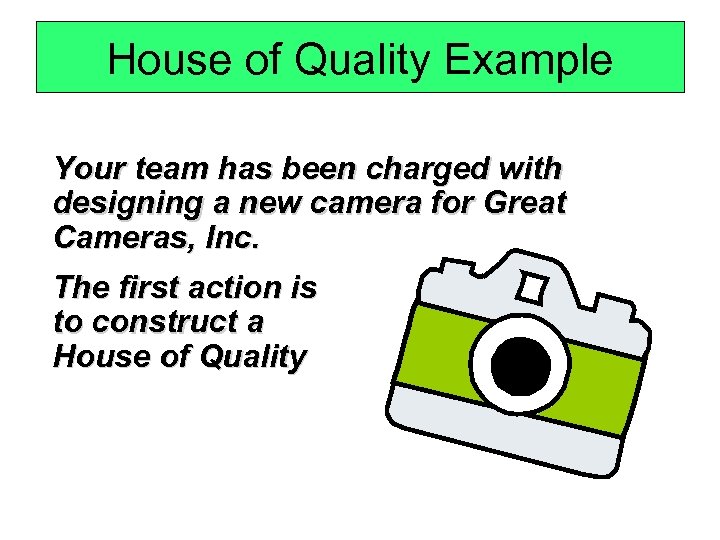 House of Quality Example Your team has been charged with designing a new camera