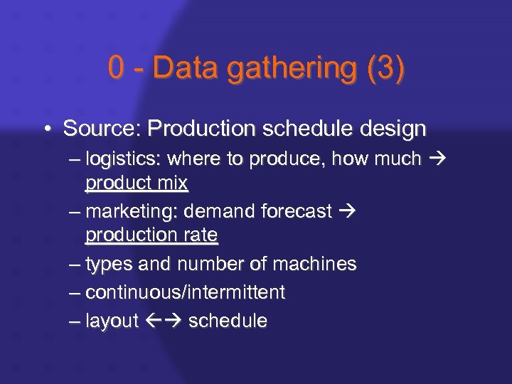 0 - Data gathering (3) • Source: Production schedule design – logistics: where to