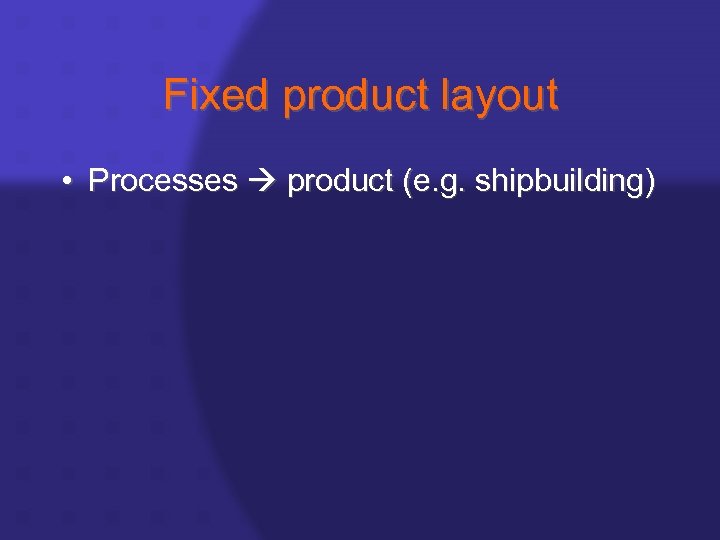 Fixed product layout • Processes product (e. g. shipbuilding) 